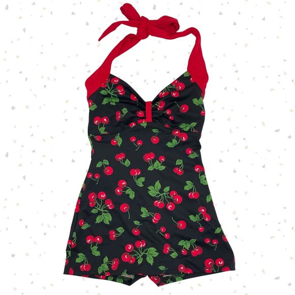 Pinup Couture Swimsuit Cherries Cherry Red Black Retro Vintage Halter Style XS - Picture 1 of 10